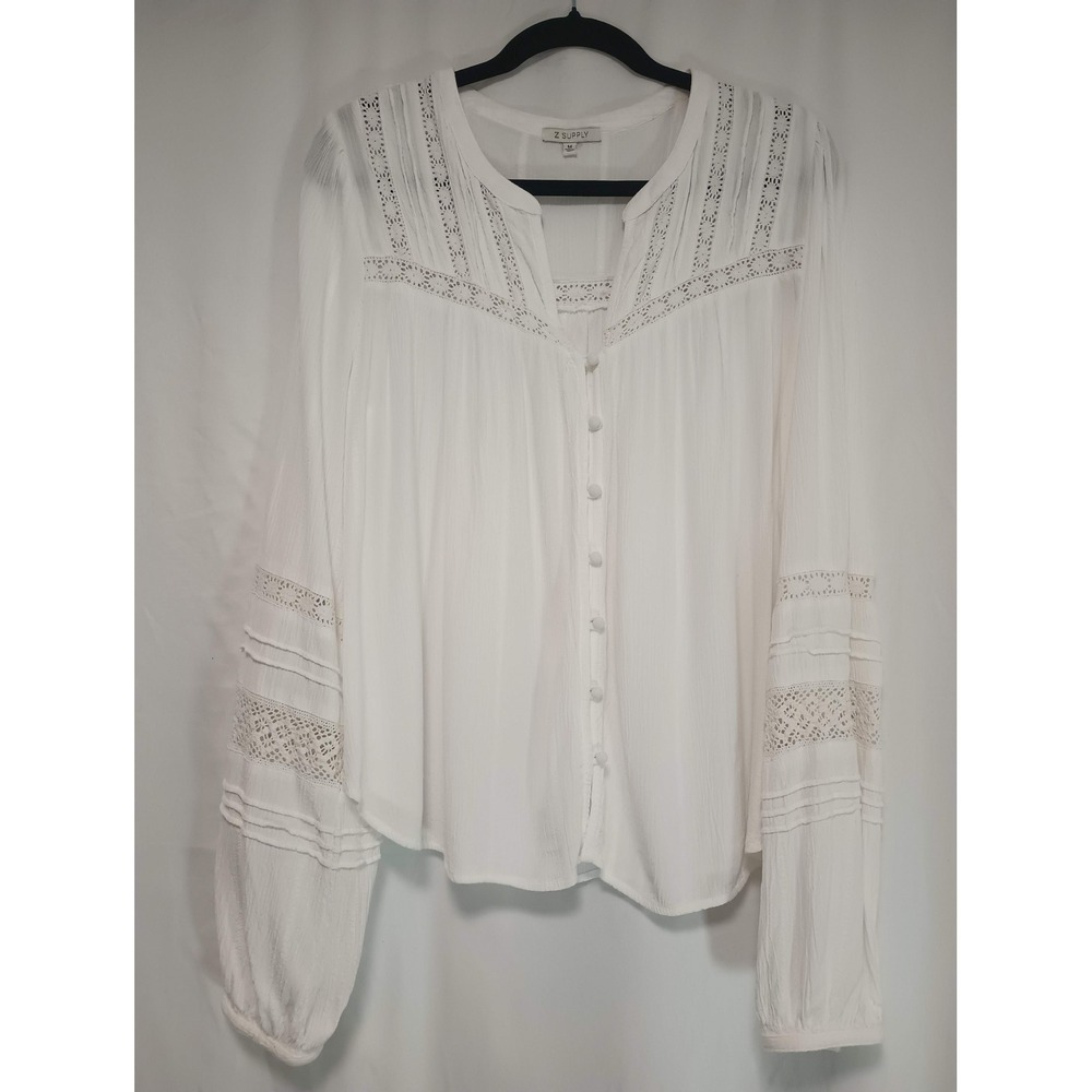 Z Supply Womens White Lace Boho Gauze Blouse Button Front Long Sleeve Top Medium